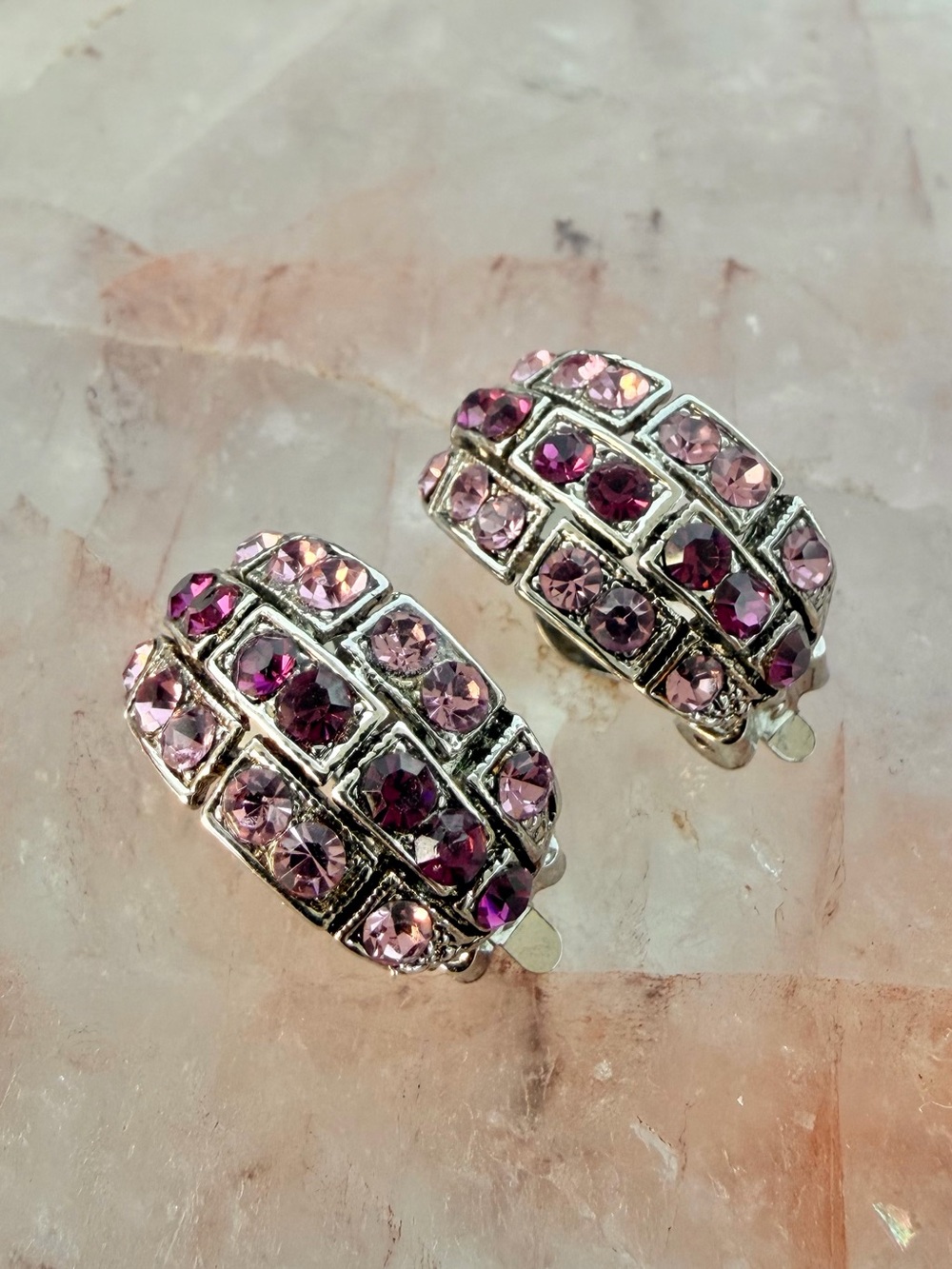Lattice Frame Pink and Purple Rhinestone Silver Tone Bling Clip-On Earrings
